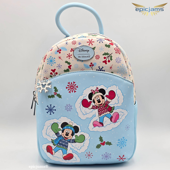 Disney Mickey Mouse & Minnie Mouse Snow Angels Christmas Blue Mini Backpack Bag - Picture 1 of 5